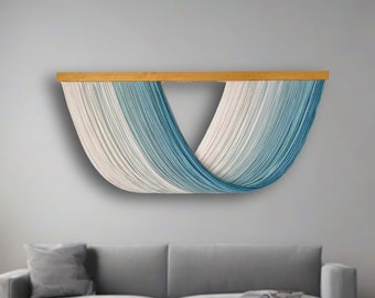 READY TO SHIP • Wall Art, Wabi Sabi yarn, dip dye wall hanging, blue fiber art, blue tapestry home decor weaving