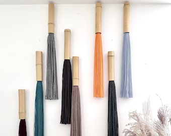 Vertical Bamboo and Wool Fiber Wall Hanging, Minimalist Tassel Wall Sculpture, Narrow Space Modern Textile Art, Colorful Fringe Tapestry