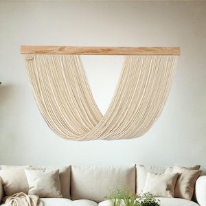 Horizontal Draped Fiber Art over Sofa, Creamy White Alpaca and Merino Wool Tapestry, Minimalist Japandi Large Wall Hanging