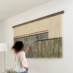 Large Dip Dye Macrame Wall Hanging, Minimalist Fiber Art, Black Tapestry, Green Yarn Art, Yarn Wall Decor, Woven Wall Art, Textile wall art