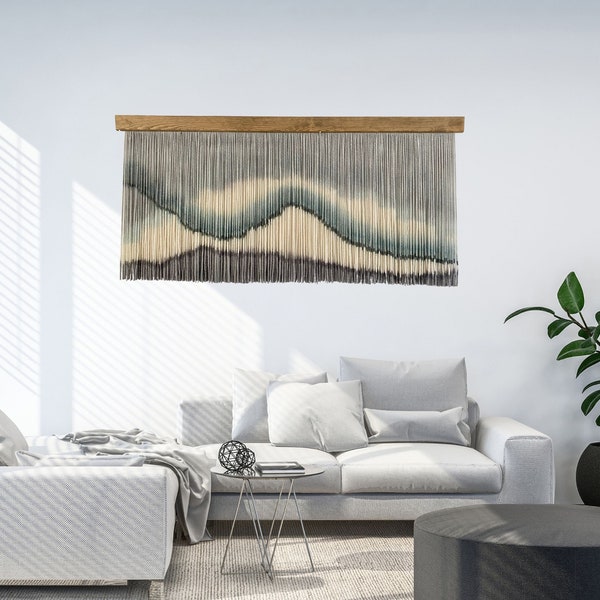 Moderne hangende wollen muur, muur in de stijl van Wabi Sabi, neutrale macrame muur opknoping, minimalistisch hoofdeinde, Ocean Tones Fiber Art Tapestry