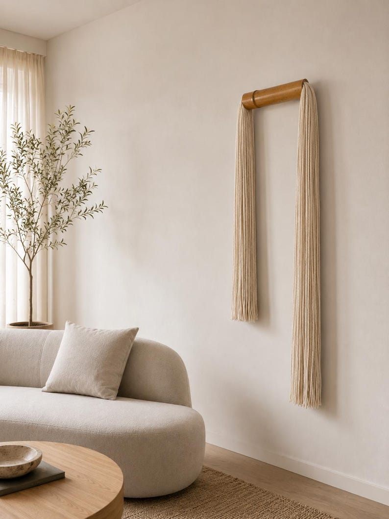 May include: A decorative wall hanging featuring a natural wood dowel with long, cream-colored fringe. The minimalist design is mounted on a neutral-toned wall, complementing the room's soft, modern aesthetic. The piece adds texture and a touch of bohemian style.