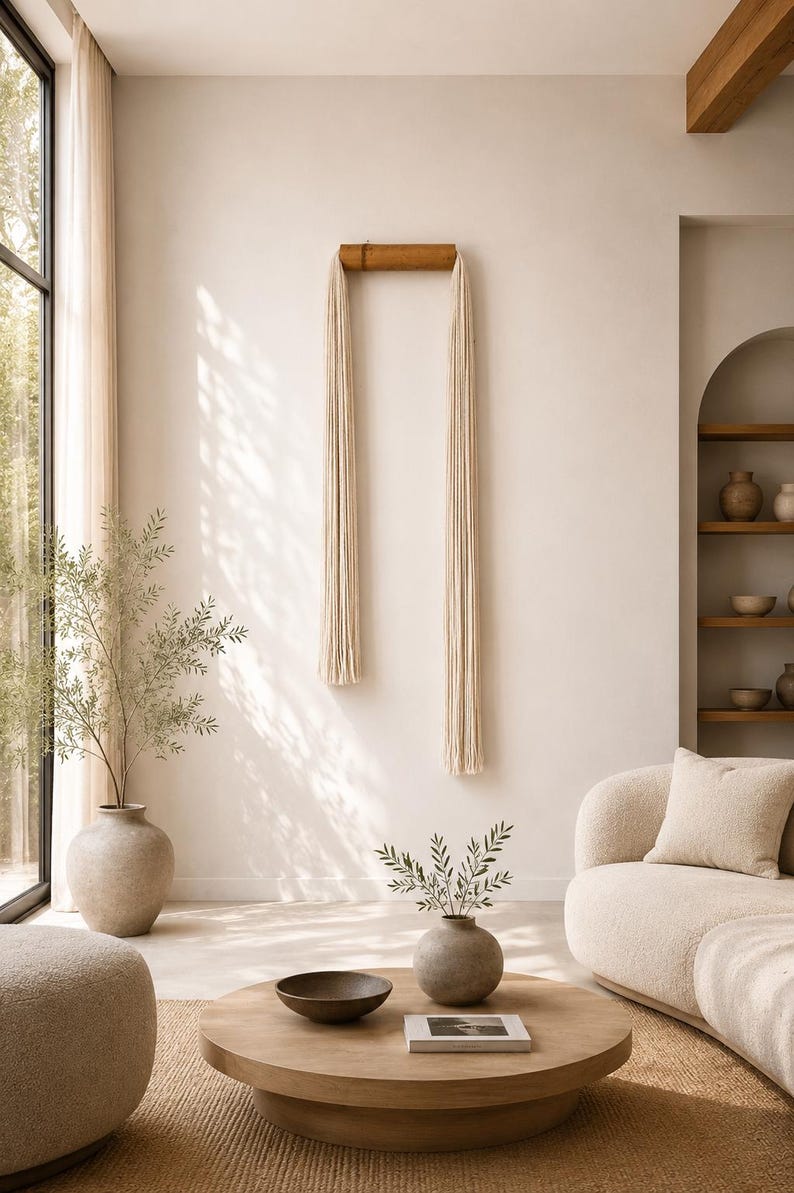 An extra long modern Japandi fiber art wall hanging made from flowing cream-colored ecru alpaca wool cascading down from a natural bamboo rod, displayed on a clean minimalist wall.