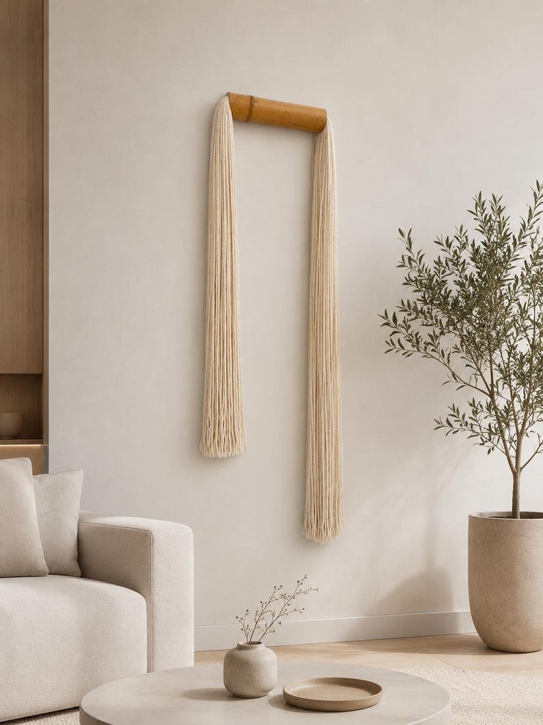May include: A wall hanging featuring a natural bamboo frame with two long strands of cream-colored yarn. The minimalist design adds a touch of bohemian style to any room. The wall decor is a unique piece of art.