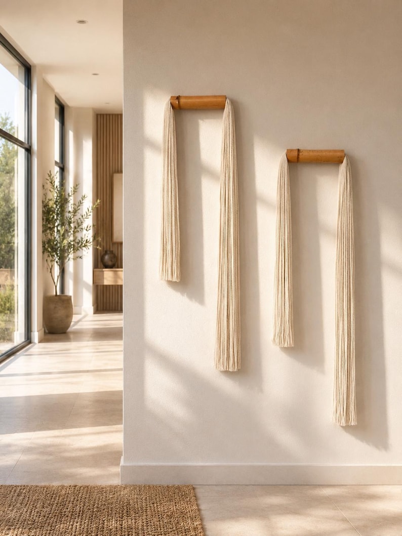 May include: Two wall-mounted macrame pieces. Each features a natural wood dowel with long, cream-colored fringe hanging below. The pieces are mounted on a neutral-toned wall, creating a minimalist, bohemian aesthetic. The room has a neutral color palette.