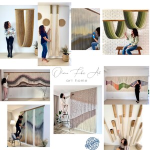 May include: A collection of fiber art pieces, including wall hangings and installations. The art features various colors and textures, with some pieces incorporating geometric shapes and others displaying flowing, organic forms. The pieces are displayed in different settings, showcasing their versatility.