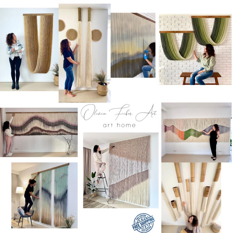 May include: A collection of fiber art pieces, including wall hangings and installations. The art features various colors and textures, with some pieces incorporating geometric shapes and others displaying flowing, organic forms. The pieces are displayed in different settings, showcasing their versatility.