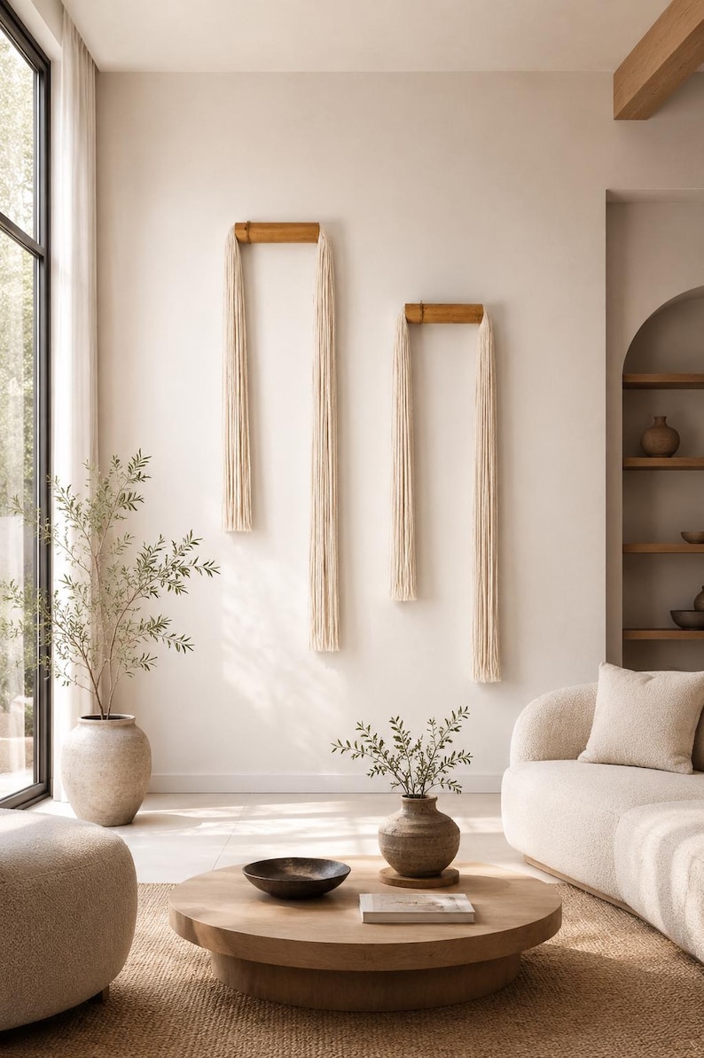 Minimalist tassel wall hanging made of natural cotton and bamboo displayed on a dark charcoal wall above a wooden console in a modern living room, neutral decor, organic modern styl