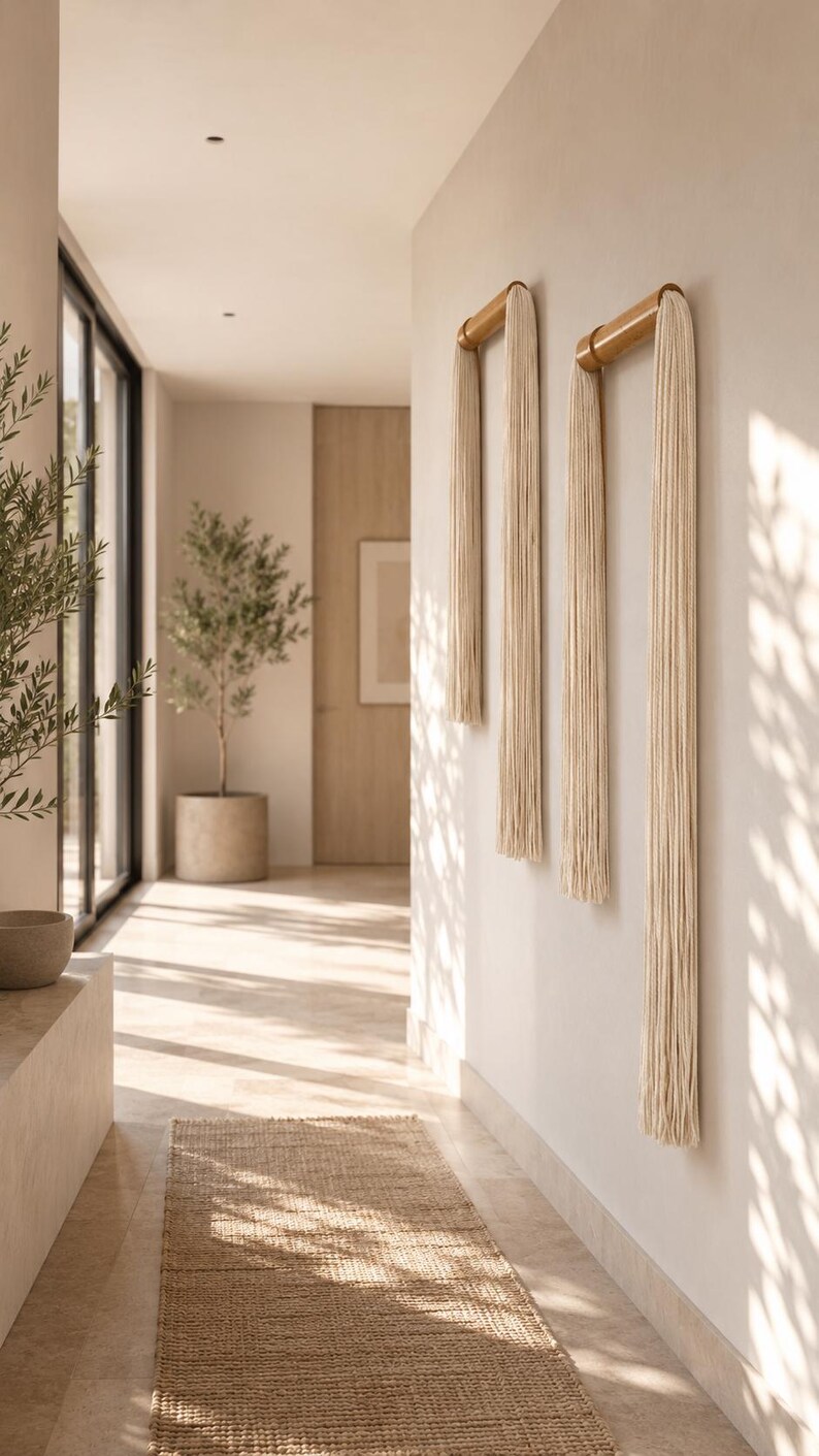 Minimalist tassel wall hanging in neutral cotton and bamboo displayed in a modern Japandi living room, above wooden console, soft natural tones, luxury home decor