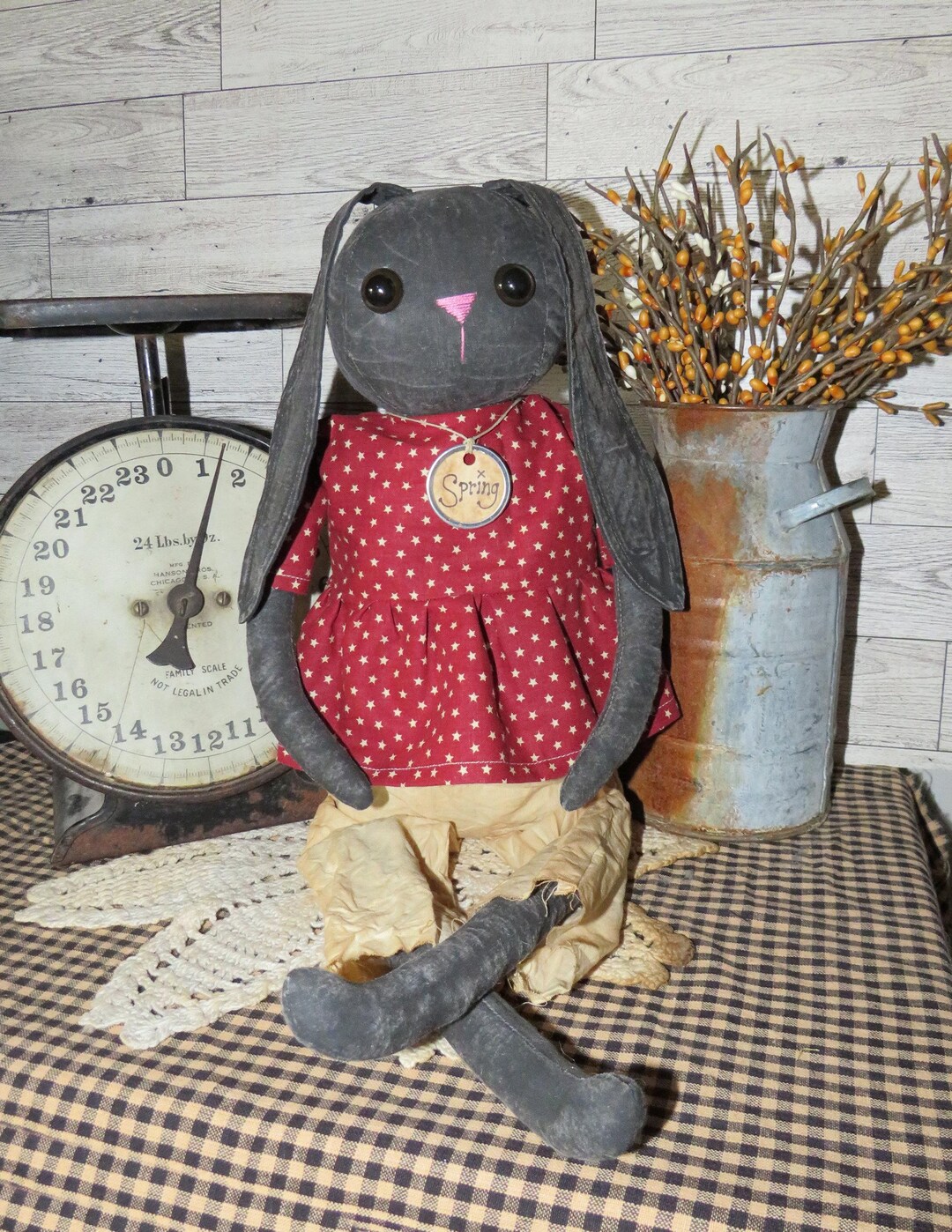 Primitive 19-inch Bunny Doll, Black Distressed Rabbit Doll, Spring Tag ...