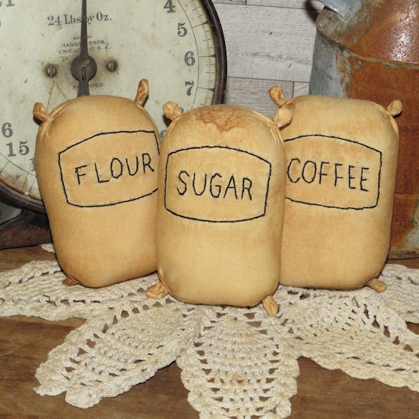 Primitive Flour Sugar and Coffee Sacks, Set of 3, Bowl Fillers, Shelf Sitters, Tiered Tray Decor