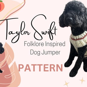 May include: A crochet dog jumper inspired by Taylor Swift's Folklore album. The jumper is white with red maple leaf designs. The jumper is on a black dog.