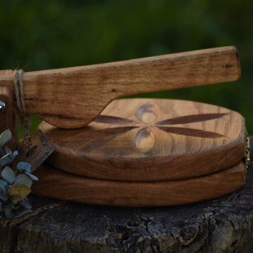 Handmade oak tortilla press. Beautiful manual press for Mexican food in the traditional style.