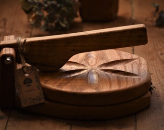 Handmade oak wood tortilla press. Beautiful manual press for traditional style Mexican food.