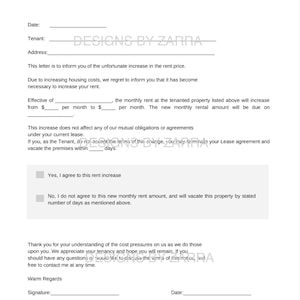 Aviso de aumento de alquiler. PDF/Google Docs/Microsoft Word. Plantilla de propietario. Aumento del alquiler. Aviso al inquilino.