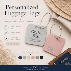 Custom Metal Luggage Tag with loop | 2x2 Personalized Bag Tag, Choose Tag & Font Color, Durable Travel Accessory, Gift Ready in Shadow Box