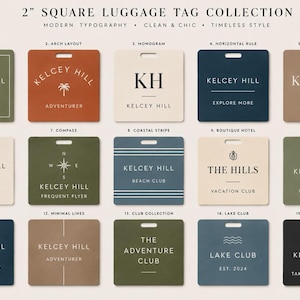 May include: A collection of fifteen square 2-inch luggage tags in various colors including olive, terracotta, cream, navy, and tan. Each tag features unique typography, icons, and text such as Kelcey Hill, The Hills, and Lake Club.