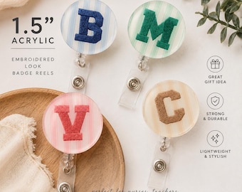 Acrylic Badge Reel | Embroidered Initial Badge Reel | Personalized Name Badge Holder | Alligator Clip | Nurse Teacher Gift