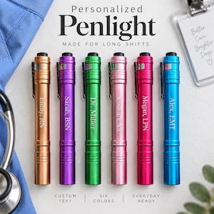 May include: Six cylindrical metal penlights in copper, purple, green, light pink, dark pink, and blue. Each features a silver pocket clip and custom engraved text including names and medical titles like RN, BSN, Dr., CNA, LPN, and EMT.