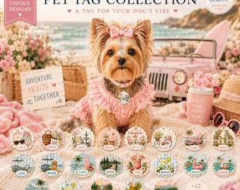 Personalized Dog Tag, Unique Illustrated Pet ID Tag, Cute Girly, Beach & Adventure Designs, Custom Dog Collar Tag. Metal pet tag colorful