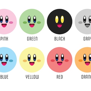 Peut inclure: Huit cercles de personnages de dessins anim&eacute;s color&eacute;s, chacun avec un visage souriant et &eacute;tiquet&eacute; avec une couleur : rose, vert, noir, gris, bleu, jaune, rouge et orange. L'image est sur fond blanc.