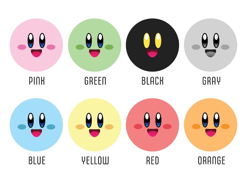 Peut inclure: Huit cercles de personnages de dessins anim&eacute;s color&eacute;s, chacun avec un visage souriant et &eacute;tiquet&eacute; avec une couleur : rose, vert, noir, gris, bleu, jaune, rouge et orange. L'image est sur fond blanc.