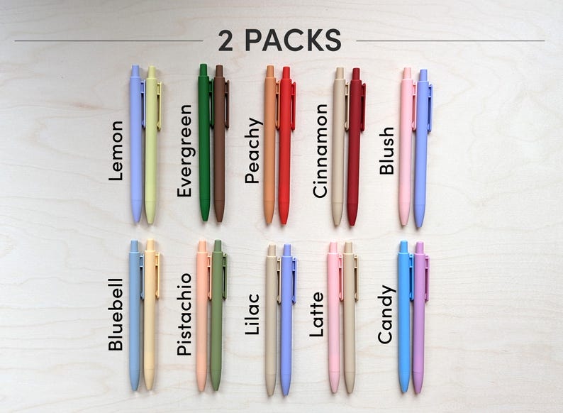 May include: Two packs of 12 pastel colored pens with names like Lemon, Evergreen, Peachy, Cinnamon, Blush, Bluebell, Pistachio, Lilac, Latte, Candy.  The pens are arranged in two rows of six.