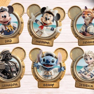 May include: Six circular frames shaped like Mickey Mouse ears, each featuring a character in a sailor outfit. The frames have a metallic bronze finish and a nameplate at the bottom labeled DAD, MOMMA, RONNIE, GRANDPA, BENNY, and JESSICA.