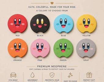 Kirby Car Coasters | Kirby Coaster Set | Set of 2 Neoprene Kirby Car Coasters.