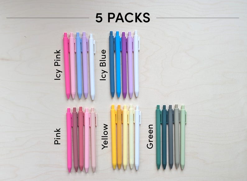 May include: Five packs of colorful gel pens in various shades of pink, blue, yellow, and green. The pens are arranged in rows with the color names written below each row. The text "5 PACKS" is written at the top of the image.