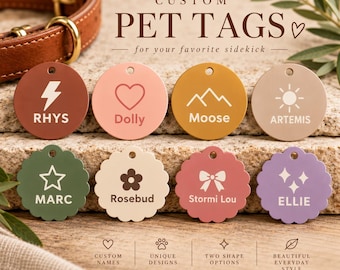 May include: Eight circular pet tags with custom names and icons. The top row features smooth edges with lightning, heart, mountain, and sun designs. The bottom row has scalloped edges with star, flower, bow, and sparkle icons in various colors.