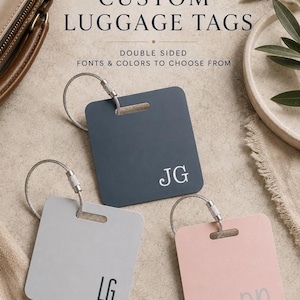 Custom Metal Luggage Tag with loop | 2x2 Personalized Bag Tag, Choose Tag & Font Color, Durable Travel Accessory, Matte finish travel gift