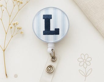 Custom Monogram Badge Reel. Acrylic Embroidered Letter ID Holder. Personalized Name Badge Retractable Clip for nurses & teachers.