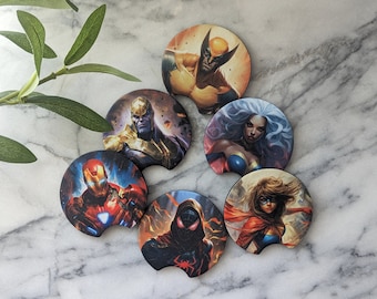 Dessous de verre inspirés de Marvel | Dessous de verre en néoprène pour voiture | Accessoires de voiture inspirés des super-héros | Accessoire de bande dessinée