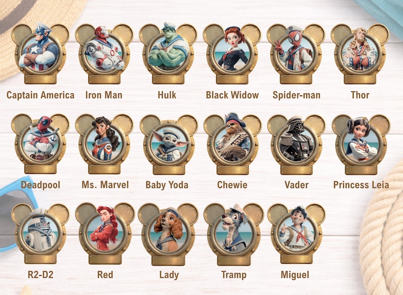 K&ouml;nnte beinhalten: Eine Sammlung von siebzehn runden Metallansteckern in Form von Mickey-Mouse-Ohren, die jeweils eine Figur in nautischer Kleidung zeigen. Die Figuren sind Captain America, Iron Man, Hulk, Black Widow, Spider-man, Thor, Deadpool, Ms. Marvel, Baby Yoda, Chewie, Vader, Princess Leia, R2-D2, Red, Lady, Tramp und Miguel.