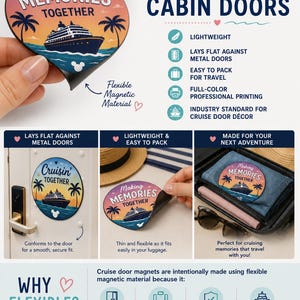 K&ouml;nnte beinhalten: Ein rundes, flexibles Magnetschild f&uuml;r Kreuzfahrt-Kabinent&uuml;ren mit einer Sonnenuntergangs-Illustration eines Kreuzfahrtschiffs, Palmen und dem Text "Making MEMORIES TOGETHER". Das Design enth&auml;lt ein wei&szlig;es Mickey-Maus-Symbol, ist leicht, verstaubar und so konzipiert, dass es flach auf Metalloberfl&auml;chen haftet.