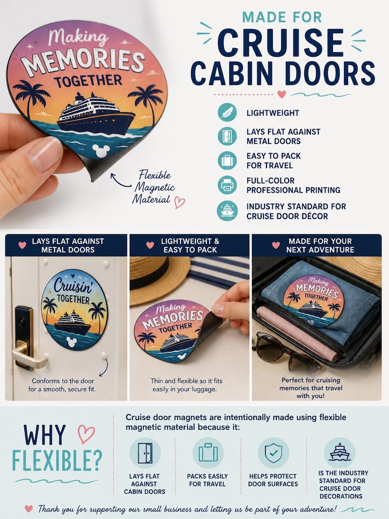 K&ouml;nnte beinhalten: Ein rundes, flexibles Magnetschild f&uuml;r Kreuzfahrt-Kabinent&uuml;ren mit einer Sonnenuntergangs-Illustration eines Kreuzfahrtschiffs, Palmen und dem Text "Making MEMORIES TOGETHER". Das Design enth&auml;lt ein wei&szlig;es Mickey-Maus-Symbol, ist leicht, verstaubar und so konzipiert, dass es flach auf Metalloberfl&auml;chen haftet.