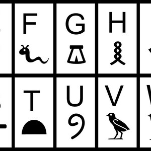 Pu&ograve; includere: Immagine in bianco e nero di geroglifici che rappresentano l'alfabeto inglese. Ogni lettera &egrave; abbinata a un geroglifico. I geroglifici sono disegni stilizzati di animali, oggetti e simboli.