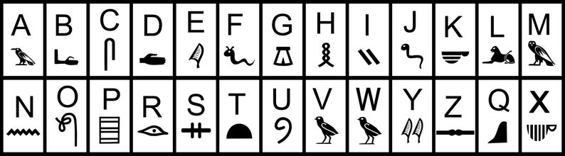Pu&ograve; includere: Immagine in bianco e nero di geroglifici che rappresentano l'alfabeto inglese. Ogni lettera &egrave; abbinata a un geroglifico. I geroglifici sono disegni stilizzati di animali, oggetti e simboli.