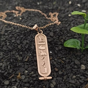 May include: A rose gold necklace with a pendant featuring an ancient Egyptian hieroglyphic cartouche. The cartouche is engraved with five symbols, including a bird, a hand, a lion, a bird, and a boot.