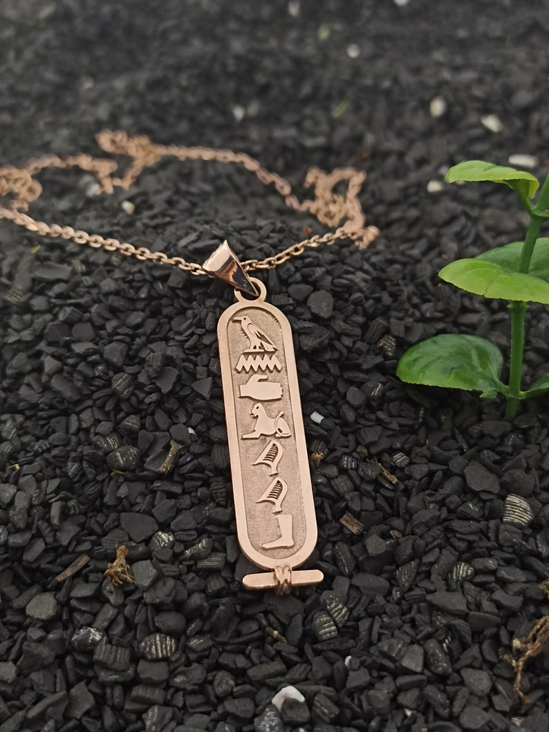 May include: A rose gold necklace with a pendant featuring an ancient Egyptian hieroglyphic cartouche. The cartouche is engraved with five symbols, including a bird, a hand, a lion, a bird, and a boot.