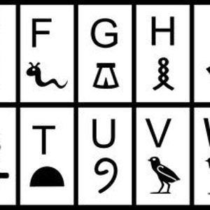 May include: Black and white image of hieroglyphic symbols representing the letters of the English alphabet. Each letter is paired with a corresponding hieroglyph.