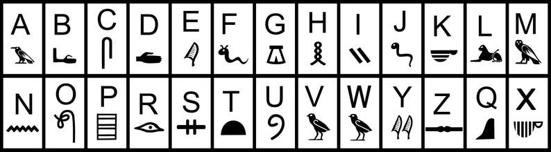 May include: Black and white image of hieroglyphic symbols representing the letters of the English alphabet. Each letter is paired with a corresponding hieroglyph.