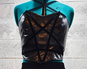 TWO PIECE Faux Leather Pentagram Bustier with Velvet Lace Trim and Elastic Waist band skirt with black pearl lace trim