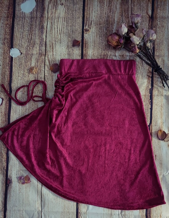 Red Crushed Velvet Ruched High Low Split Hem Gypsy Skirt With Wide Elastic Waistband Etsy