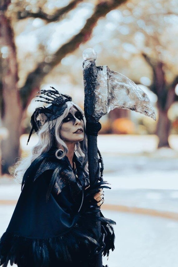COMPLETE GRIM REAPER Lady of the Dark Costume With Feather Hooded