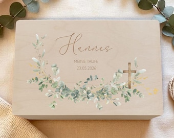 Scatola ricordo personalizzata per figlioccio/a | Regalo per Prima Comunione, Battesimo, Cresima | Scatola in legno con motivo a croce in eucalipto, Prima Comunione