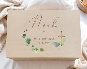Erinnerungskiste Patenkind Geschenk zur Kommunion Taufe Konfirmation | Personalisierte Kiste aus Holz Erstkommunion Christliches Motiv Kreuz
