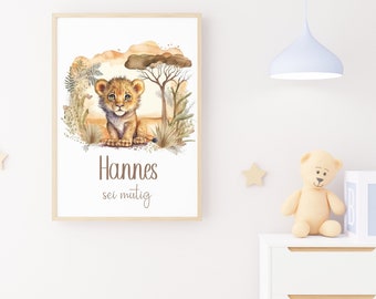 Bild DIN A3 / DIN A4 Kinderbilder Baby Löwe Lion Personalisiert mit Name Sei mutig Watercolor
