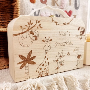 Köfferchen Holzkoffer mit Griff personalisiert mit Namen, Schatzkiste Schatztruhe Dschungel, Geschenk zum Geburtstag Weihnachten Nicolaus